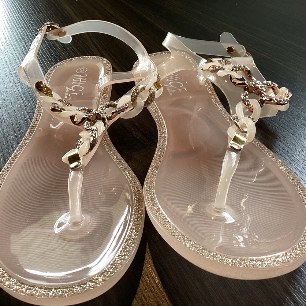 Clear Blush Jelly T-Strap Sandals with Gold Chain Accent Size 9
